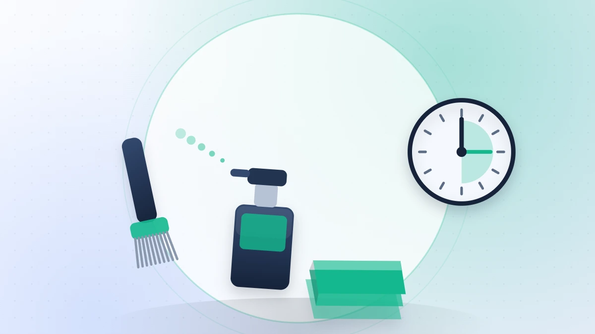 Flat illustration of a detailing brush, spray bottle, microfibre cloth and a clock marking thirty minutes