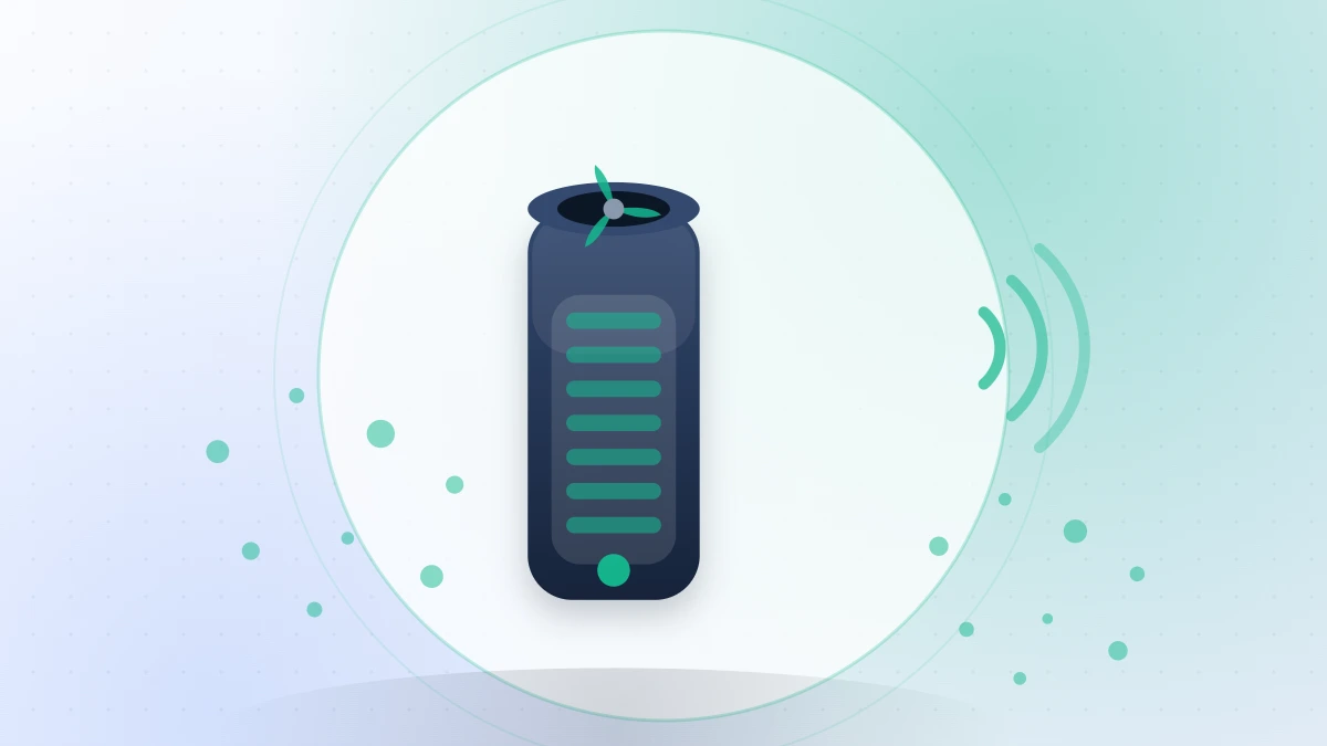 Flat illustration of a cylindrical car air purifier with airflow and dust particles