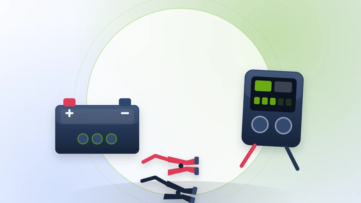 Flat illustration of a car battery, test clamps and a battery tester with a display