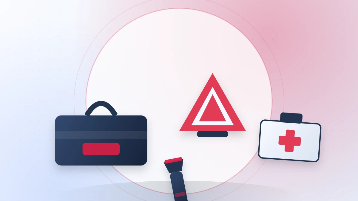 Flat illustration of a car emergency kit bag, warning triangle, first-aid box and torch