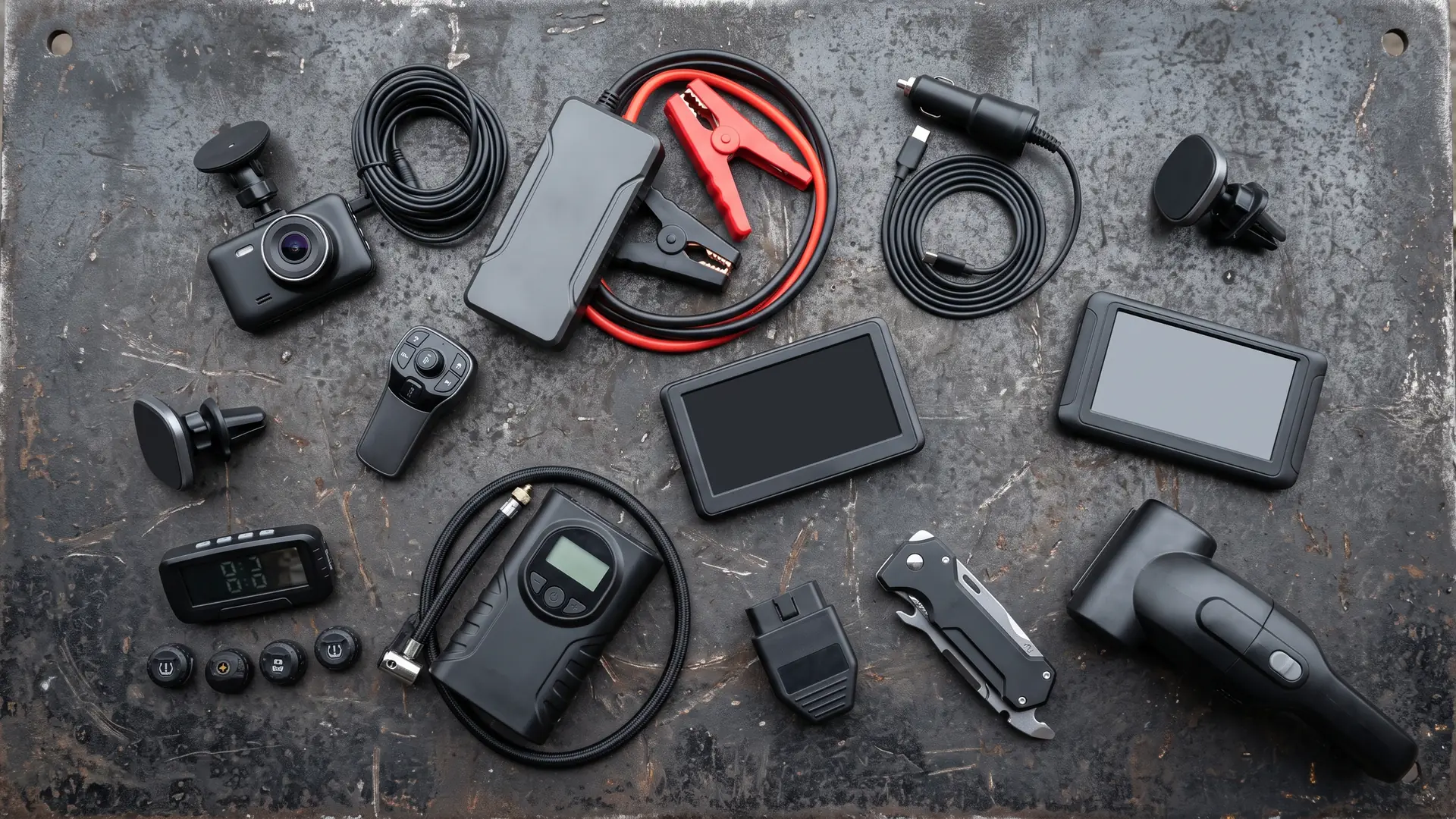 Car gadgets laid out on a scratched metal workbench: a dash camera with suction mount, coiled cables, a lithium jump starter with red and black clamps, a USB-C car charger, two magnetic vent mounts, a key fob, a tyre pressure monitor with four valve sensors, a portable tyre inflator with hose, an OBD2 diagnostic adapter, a folding multi-tool and a cordless handheld vacuum
