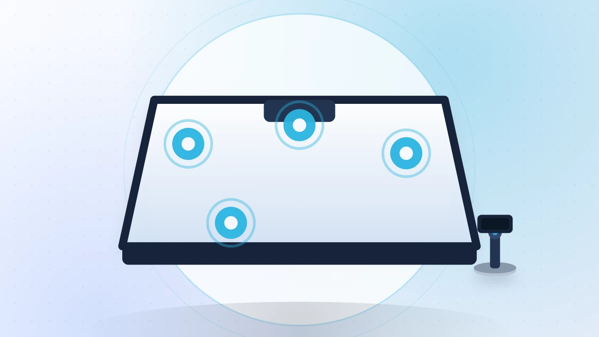 Flat illustration of a windscreen and dashboard with highlighted mounting points