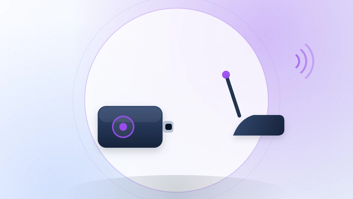 Flat illustration of a DAB radio adapter, a roof antenna and radio waves