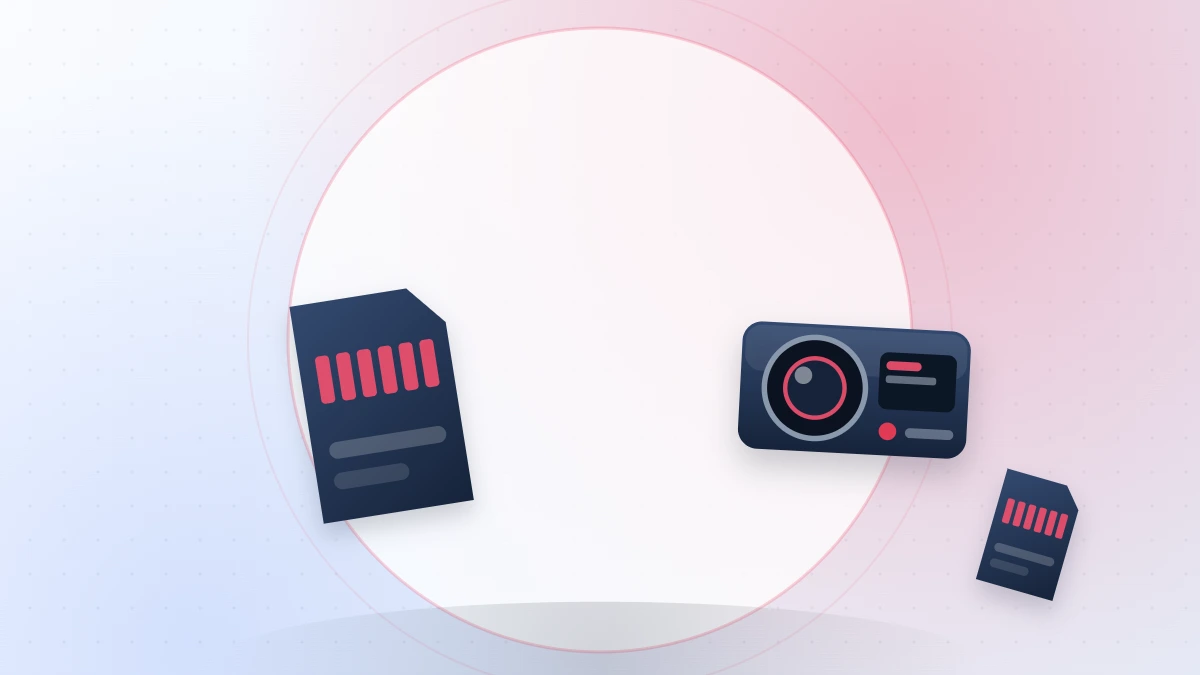 Flat illustration of microSD memory cards beside a dash cam