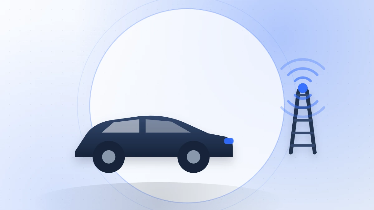 Flat illustration of a car transmitting an emergency call to a mobile mast