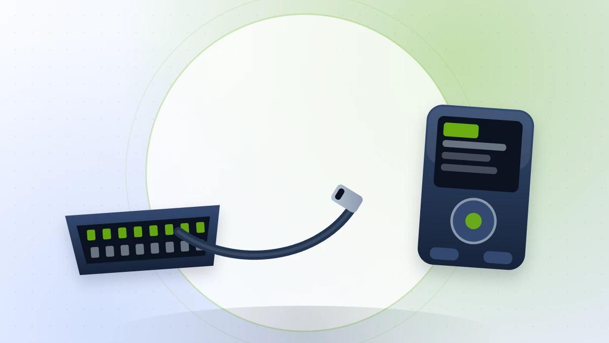 Flat illustration of an OBD2 port, a cable and a handheld diagnostic scanner