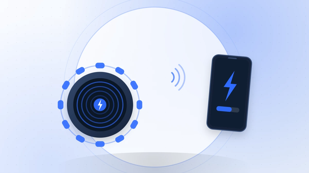 Flat illustration of a Qi2 wireless charging pad with its magnet ring and a phone charging