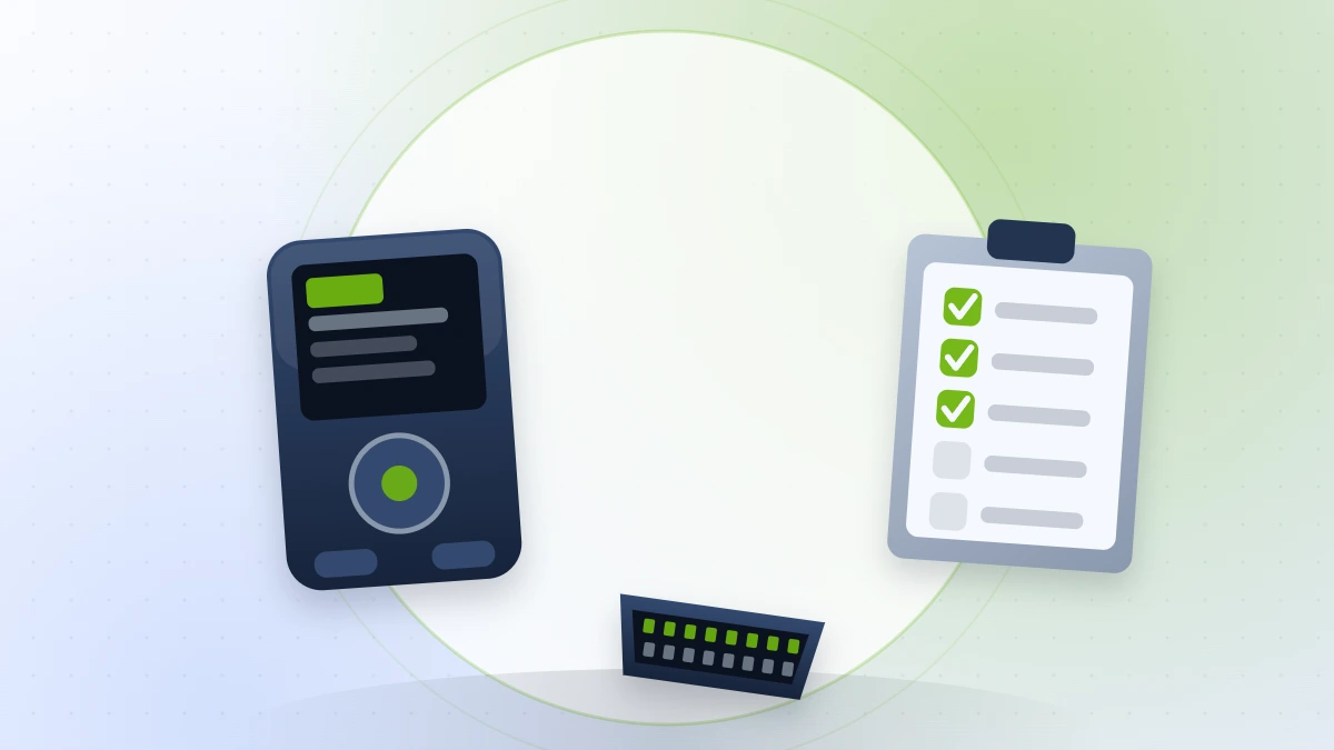 Flat illustration of a diagnostic scanner showing fault codes, an OBD2 connector and a checklist