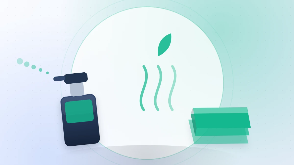 Flat illustration of a spray bottle, rising odour trails with a leaf and a folded microfibre cloth