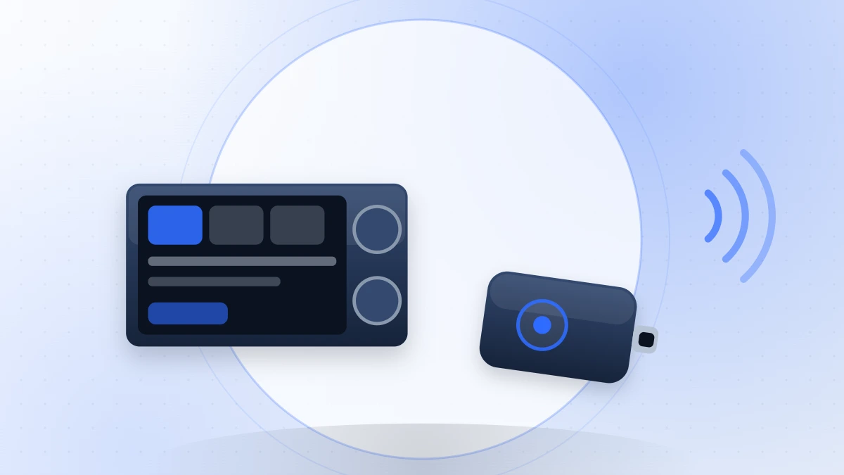 Flat illustration of a car head unit, a wireless CarPlay adapter dongle and signal waves