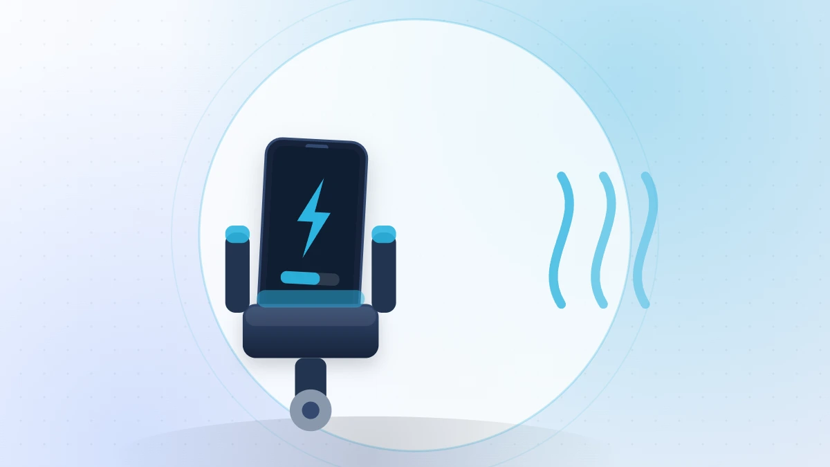 Flat illustration of a phone in a wireless charging mount with heat waves rising